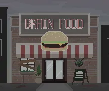 Pixel art of a rundown storefront named 'BRAIN FOOD,' featuring a large burger sign and a boarded-up window, in a post-apocalyptic or zombie setting.