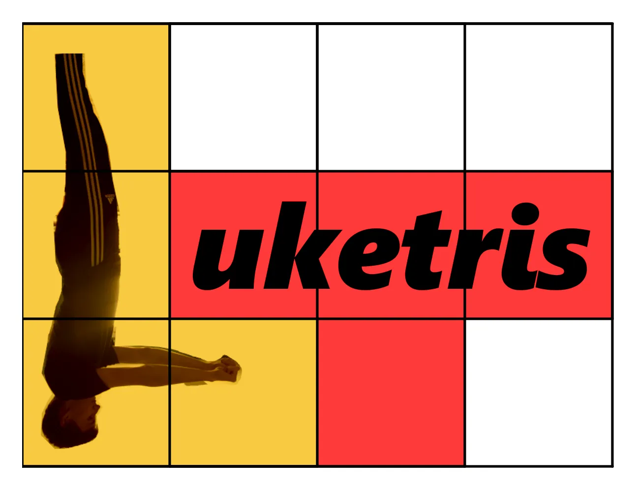 A graphic for Luketris, combining a person in a headstand with a Tetris-style red, yellow, and white grid.