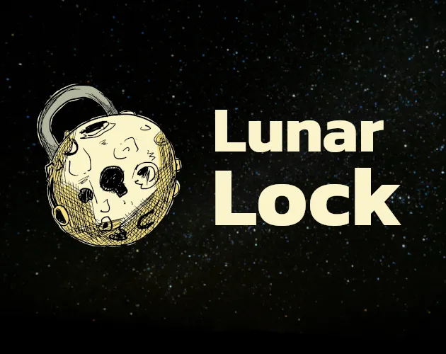 The title graphic for 'Lunar Lock,' displaying a hand-drawn illustration of the moon shaped like a padlock next to the game's name against a starry sky.