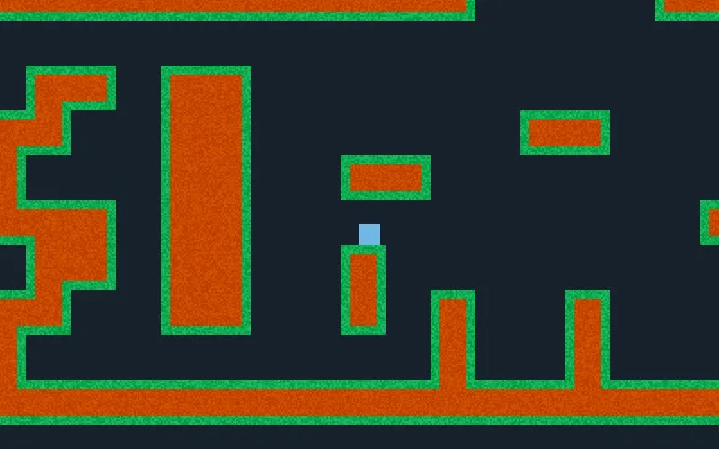 A minimalist platformer game showing a blue square character on orange and green platforms against a dark background.