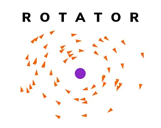 The game Rotator, featuring a purple circle orbited by small orange triangles on a white background.