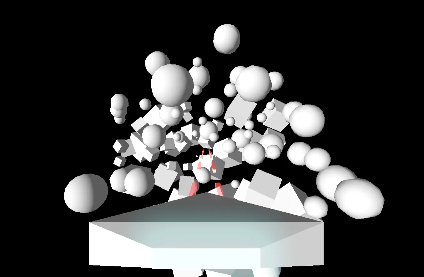 A 3D abstract scene showing a small, white and red character amidst a chaotic explosion of white spheres and cubes on a black background.