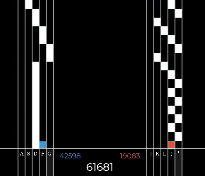 A two-player rhythm game showing falling blocks on vertical lanes, keyboard inputs, and player scores.
