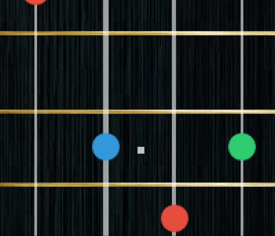 A musical chord diagram showing finger placements with colored dots on a dark fretboard.